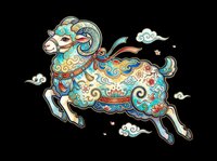 Ornate ram leaping among clouds in traditional Asian folk art style, isolated on transparent background. Great for stickers, T-shirts, print on demand, and sublimation.