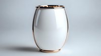 Empty white ceramic vase with elegant rose gold metallic rim detail on gray background, modern minimalist design for home decor and floral arrangements.