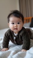 Asian baby wearing brown knitted cardigan sweater crawling on white bedding, looking directly at camera with curious expression, indoor natural lighting.