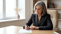 Mature businesswoman with gray hair writing documents at office desk, professional female executive signing paperwork in modern workplace.