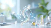 DNA molecule hologram with laboratory glassware and pills on blurred medical background, genetic research and pharmaceutical development concept.