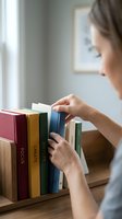 Woman selecting book from shelf, browsing colorful hardcover collection on wooden bookcase in bright home library interior for reading and education.