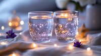 Romantic glowing glasses with sparkling water and fairy lights creating magical atmosphere, purple flowers on white fabric, soft bokeh background.