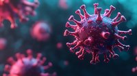 Microscopic view of virus cell with crown-like spikes on dark turquoise background. Pink and red glowing pathogen structure shows detailed surface proteins.
