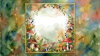 Watercolor autumn wreath frame with mushrooms, berries and foliage on colorful background for seasonal greeting cards and fall decorations.