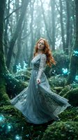 Young Caucasian woman with long red hair in flowing green dress dancing in mystical forest with glowing lights and moss-covered trees for fantasy storytelling.