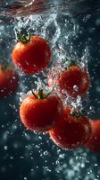 Fresh red tomatoes splashing in clear water with dynamic bubbles and droplets against dark background, dramatic lighting highlights natural texture.