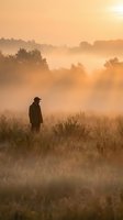 Silhouette of man standing in misty field at golden sunrise with warm sunlight rays breaking through fog and trees creating atmospheric outdoor scene.