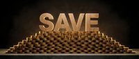 Golden SAVE text on pyramid of stacked coins against dark background representing financial savings and wealth accumulation for investment concepts.