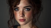 Young woman with freckles and curly brown hair looking directly at camera with intense green eyes and natural makeup against neutral background.