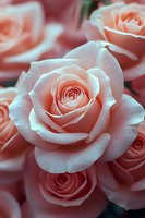 Delicate peach-colored roses in full bloom with soft petals and detailed texture, creating romantic floral composition against blurred background.