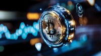 Golden bitcoin coin with glowing effects against blurred financial chart background. Cryptocurrency trading and digital investment concept for fintech applications.