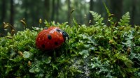 Red ladybug crawling on green moss and small plants in forest environment, suitable for nature, wildlife, and garden-themed designs.