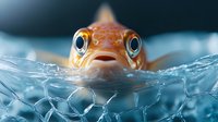 Orange goldfish face emerging from crystal clear water surface with large expressive eyes and open mouth, creating ripples against blue background. Macro photography.