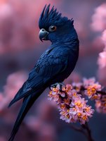 Black cockatoo perched on pink cherry blossom branch against soft bokeh background, displaying distinctive blue-black feathers and raised crest in dramatic side profile.