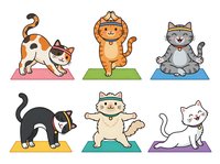 Cartoon cats in various playful poses on colored mats, isolated on white background. Perfect for children's designs, stickers, t-shirts, clipart collections and educational materials.