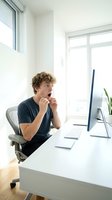 Young man with curly blonde hair and fair complexion, wearing dark t-shirt, sitting at white desk in bright modern office, looking shocked at computer monitor, hand near mouth expressing surprise or concern.
