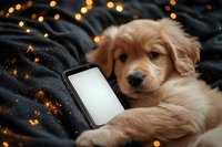 Golden retriever puppy lying on dark blanket with smartphone and glowing bokeh lights in background, creating cozy atmospheric holiday mood.