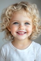 Cheerful young child with curly blonde hair and bright blue eyes wearing white t-shirt smiling at camera against light background. For family, childhood themes.