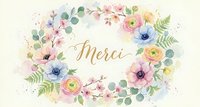 Watercolor floral wreath with Merci text in elegant gold lettering surrounded by pink roses, anemones, ranunculus and eucalyptus leaves for thank you cards.