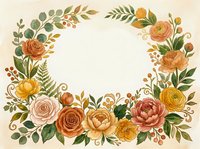 Watercolor floral wreath frame with roses, peonies, and greenery in warm autumn tones, isolated on white background for cards and invitations.