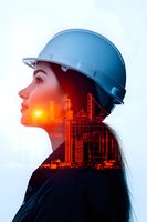 Female construction engineer in hard hat with double exposure of urban cityscape at sunset, highlighting women in construction and engineering professions.