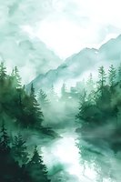 Misty mountain landscape in green tones with pine forest and river reflection, watercolor style artwork for wall decor, book covers and nature themes.