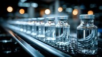 Glass vials on pharmaceutical production line with clear liquid, conveyor belt moving medicine bottles in manufacturing facility.