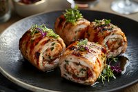 Grilled chicken breast rolls stuffed with cream cheese, herbs and vegetables, served on black plate with microgreens garnish and balsamic reduction.