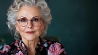 Elegant senior Caucasian woman with silver curly hair wearing glasses and floral blouse, smiling confidently against dark background for lifestyle content.