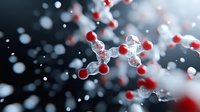 Molecular structure visualization with red and white atoms connected in crystal lattice formation against dark background, scientific concept for chemistry research.
