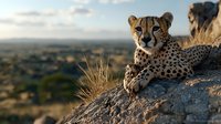 Majestic cheetah resting on rocky outcrop during golden hour, overlooking vast African savanna landscape. Wild big cat with distinctive spotted coat observes territory at sunset.