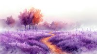 Dreamy purple lavender field with winding path and autumn trees in soft watercolor style, misty morning atmosphere creates romantic rural landscape.