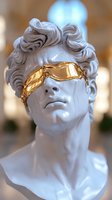 Classical marble bust wearing luxurious gold sunglasses against blurred background. Modern interpretation of ancient sculpture with contemporary fashion element.