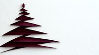 Minimalist burgundy paper cut Christmas tree on white background, modern geometric design with layered angular branches and star topper. Clean festive artwork.