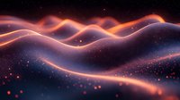 Glowing orange and purple waves with sparkles on dark background create mesmerizing abstract landscape. Flowing light trails and particles form dynamic composition.