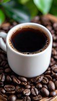 Fresh brewed black coffee in white ceramic cup surrounded by roasted coffee beans on wooden surface with soft natural lighting and shallow depth of field.