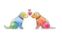 Two adorable puppies in love with rainbow gradient colors sitting face to face with floating hearts above them on white background for pet designs.