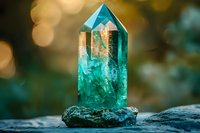 Luminous aqua crystal point standing on rough stone against blurred bokeh background, glowing with ethereal turquoise light in mystical nature setting.