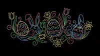 Easter bunny ears and decorated eggs with spring flowers in elegant line art style on black background for holiday greeting cards and decorations.