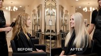 Professional hair transformation showing dramatic blonde highlights and styling results in modern upscale salon setting for beauty services.
