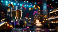 Two champagne flutes filled with sparkling wine against dark background with colorful bokeh lights and falling golden confetti, festive celebration atmosphere.