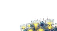 Isolated golden yellow and deep blue liquid splashing and colliding in wine glasses against white background, ready for design projects and beverage marketing materials.