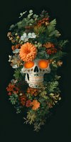 Floral skull arrangement with orange gerbera daisy, white orchids and green foliage on dark background. Glowing eye sockets create mysterious mood for Day of Dead art.