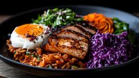 Grilled salmon fillet with poached egg, red cabbage slaw, carrot spirals and spicy rice on black plate, garnished with microgreens and sesame seeds.