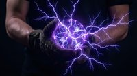 Male hands holding glowing purple electric energy ball with lightning bolts radiating outward against dark background. Concept for power, energy, technology, magic, and supernatural forces.