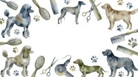 Dog grooming tools and poodles pattern with brushes, scissors and paw prints on white background for pet care design projects.