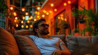 Young African American man relaxing on couch at home with ambient string lights and plants creating cozy evening atmosphere, expressing joy and contentment.