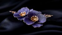 Purple and gold floral brooch with delicate petals on dark silk background, elegant jewelry accessory featuring metallic details and textured design.