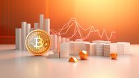 Golden bitcoin with financial charts and graphs showing cryptocurrency market trends against orange gradient background with white bars and line graphs.